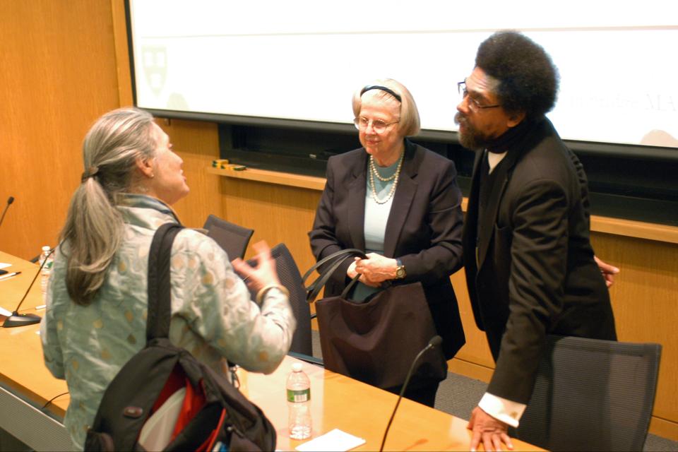 Philosopher Sissela Bok and Princeton Professor Cornel West answer questions after the “What Makes a Life Significant?” panel discussion yesterday, which also featured Professor Louis Menand. The event was held in commemoration of William James. 