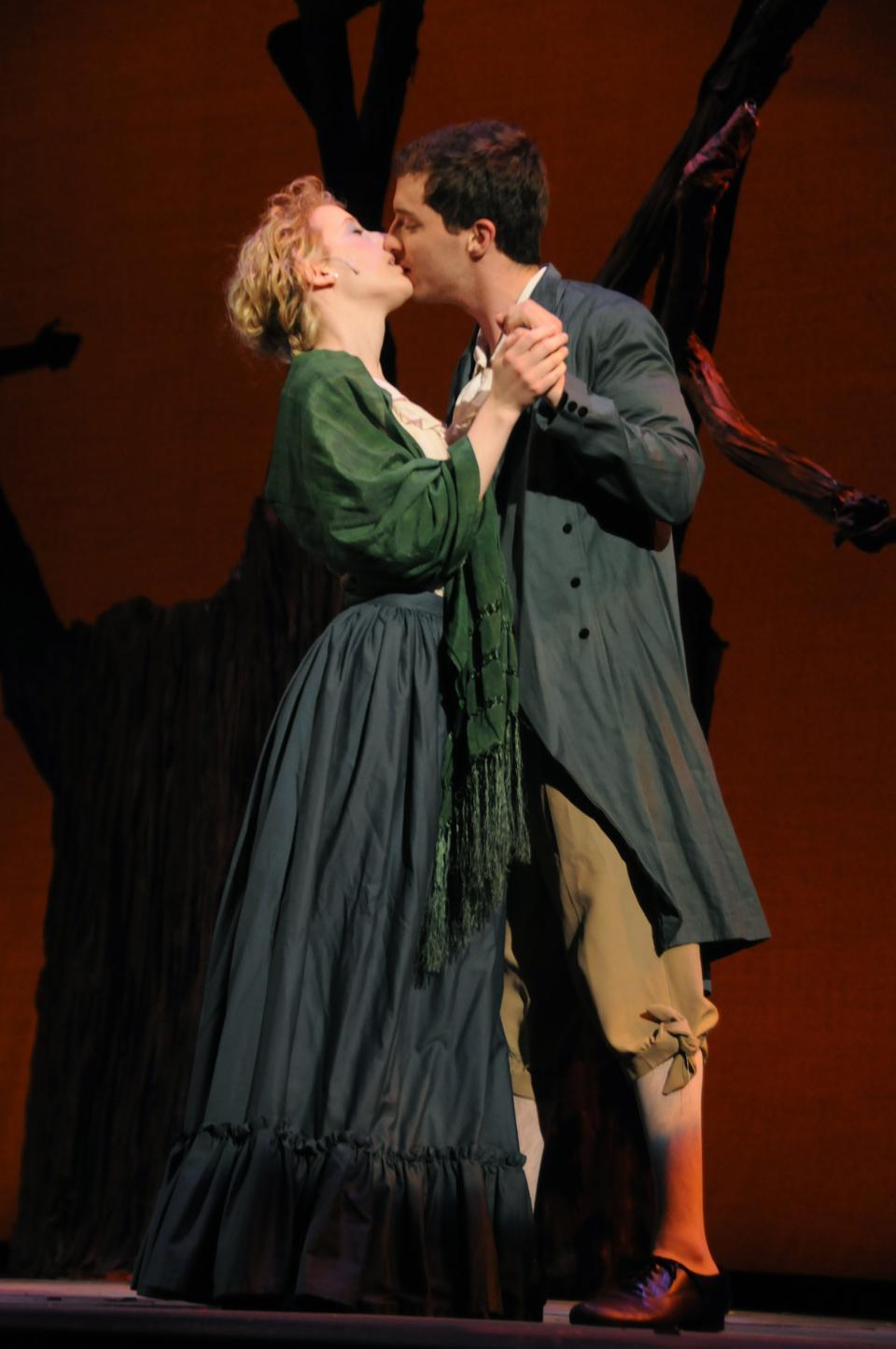 Christine K. L. Bendorf '10 and Gus T. Hickey '11 embrace during a performance of Into the Woods, playing in the Loeb Mainstage through Saturday, May 1st.