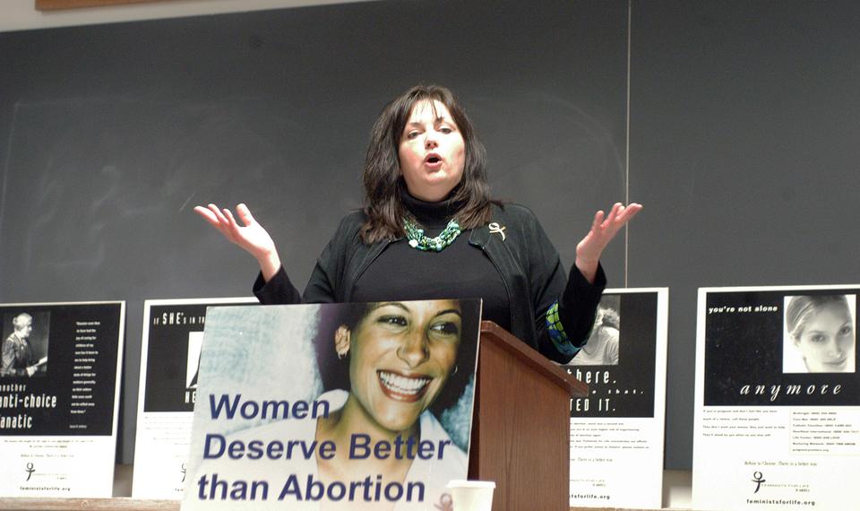 Serrin Foster, president of Feminists for Life, gave her famous speech "The Feminist Case Against Abortion" arguing for why every woman should oppose legalized abortion yesterday in Emerson Hall.