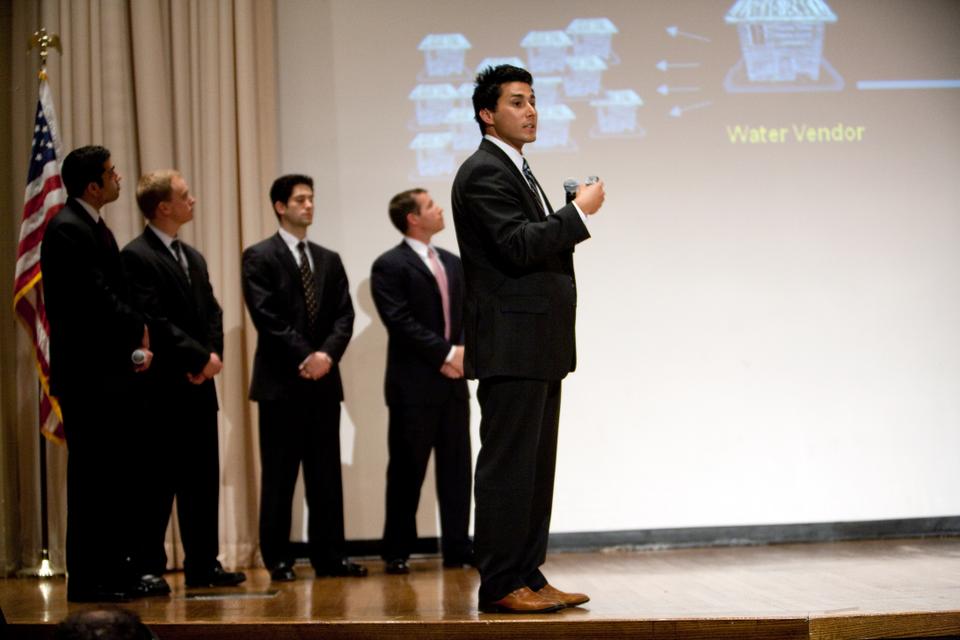 The HBS Business Plan Contest Social Venture Track winners from Urban Water Partners make their presentation.  Courtesy of Evgenia Eliseeva.