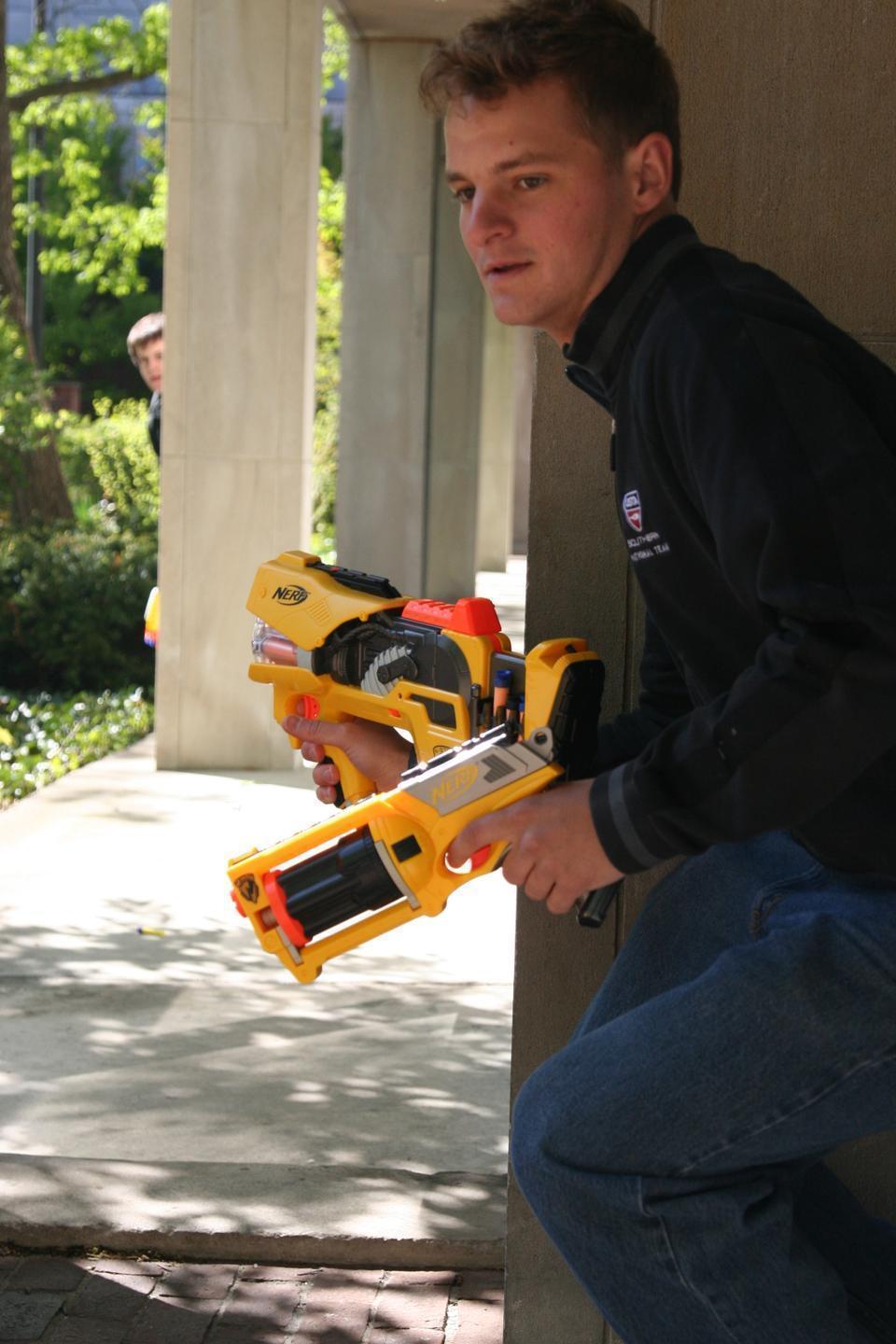 William F. Guzick '11 of team "Kiss Kiss Bang Bang" prepares to take on Asa G. Schachar '11 of team "Asasians" during the last battle of Quincy Assassins yesterday. 