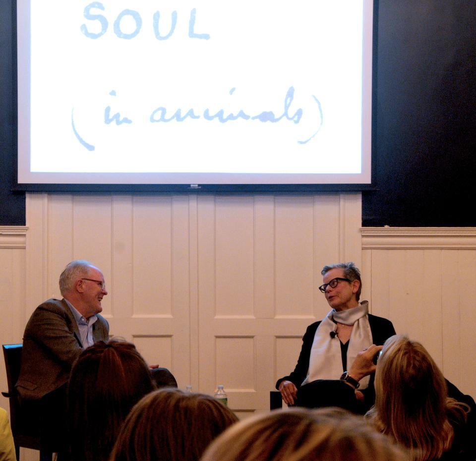 Catherine Lord ‘71, a visual artist, curator and professor of studio art at the Univeristy of Chicaogo seen here in conversation with actor John Lithgow ‘67, was honored yesterday with the 2010 Harvard Arts Medal Award.