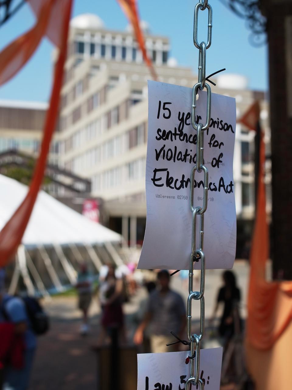 “Border Crossing: Union of Myanmar”, an art installation sponsored by the Office for the Arts at Harvard in collaboration with the Harvard College Human Rights Advocates, hung at the gate facing the Science Center on Saturday, May 1.