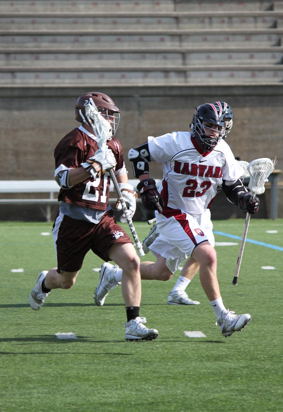 Sophomore Jeff Cohen, shown here in earlier action, scored four of the Crimson’s eight goals on Saturday, but the effort from the team’s leading scorer was not enough, as Harvard men’s lacrosse fell to Yale, 9-8. The loss left the Crimson out of the Ivy League postseason tournament..