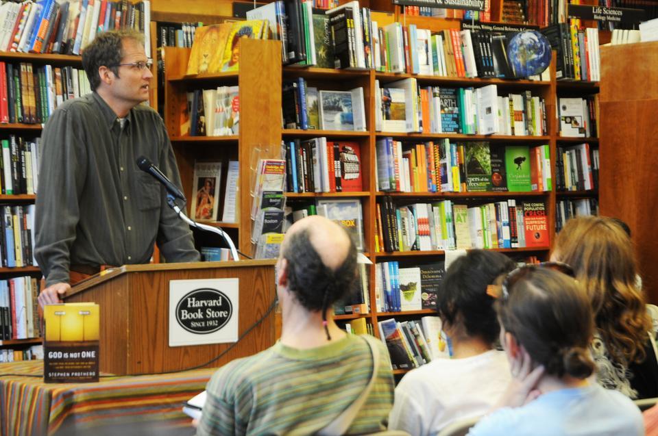 Religion scholar and bestselling author Stephen Prothero speaks at the Harvard Book Store last night about his new book “God Is Not One” in which he seeks to demonstrate how differences in paths leading to the same destination can enrich, not prevent, dialogue and cooperation.