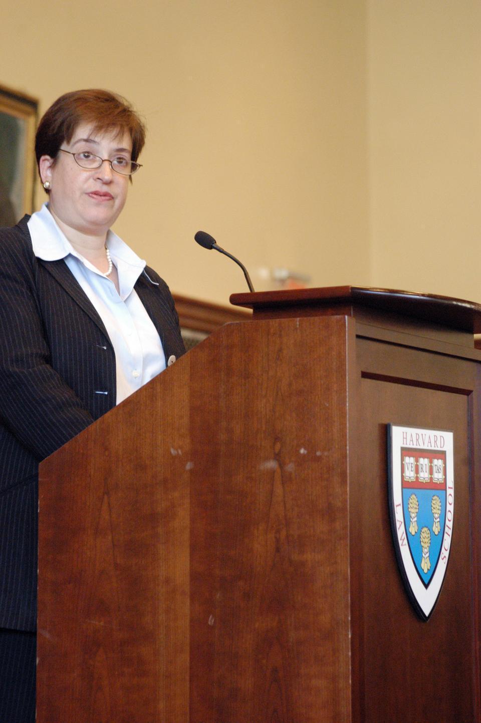 Elena Kagan, Dean of the Harvard Law School, delivers her annual "State of the School" address in the Ames Courtroom to a crowd of students and faculty in this September 20, 2006 file photo. Kagan's time as dean was marked by wide-ranging reforms, including curriculum reform and faculty expansion.