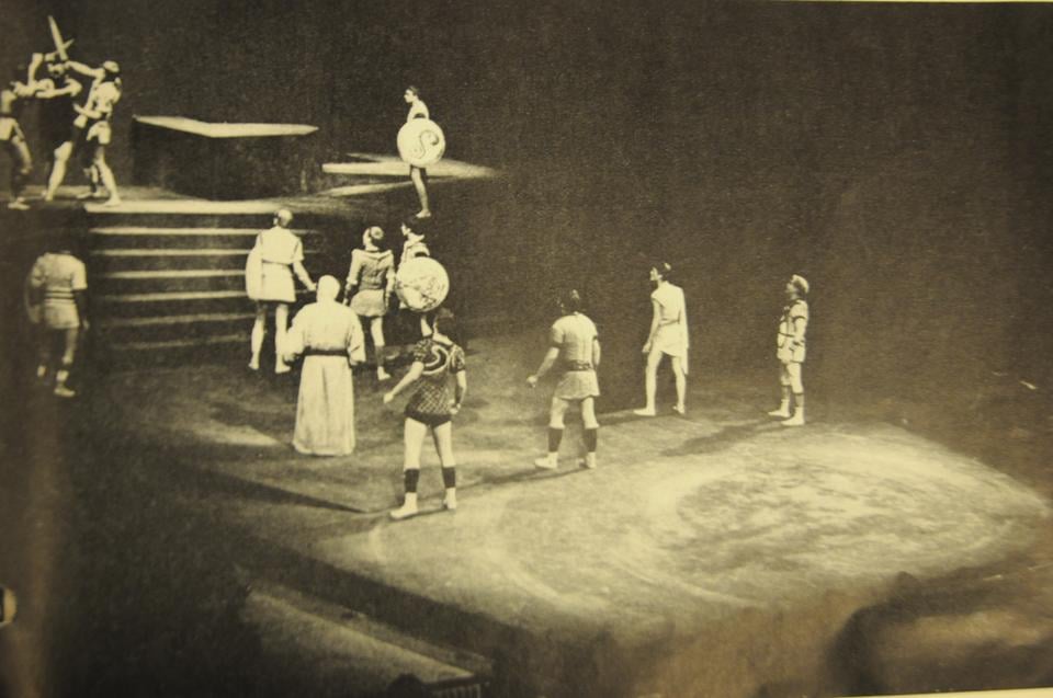 Actors stage a fight scene in Shakespeare’s “Troilus and Cressida,” the first show performed at Loeb Drama Center on October 15, 1960.