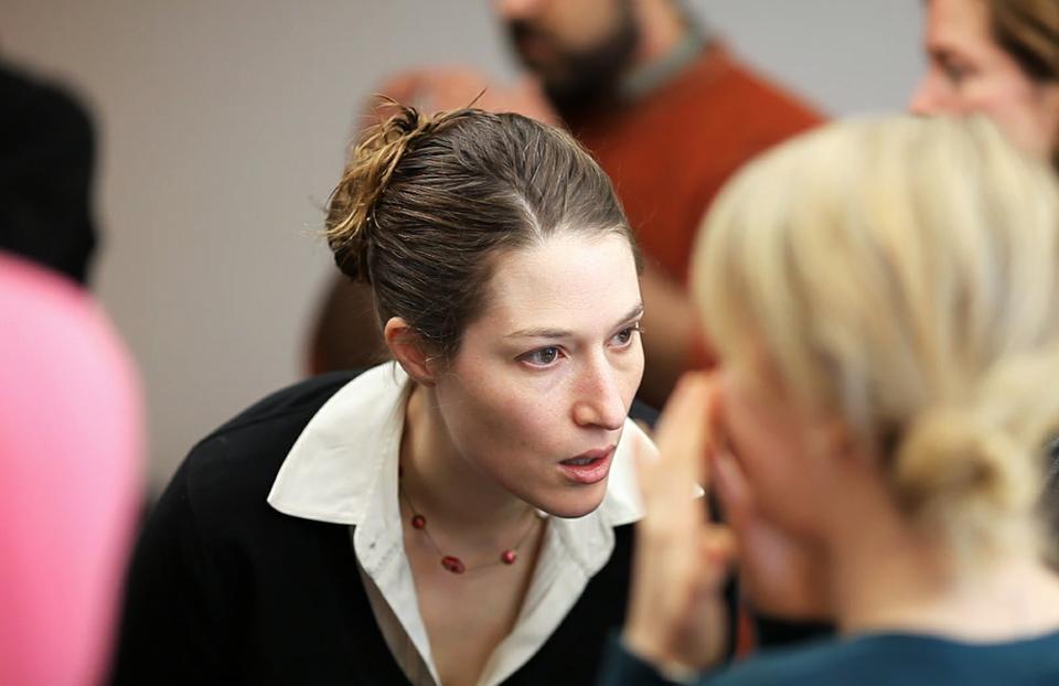 Founding Director of the Program in Speaking and Learning Rebekah Maggor coaches a student in a vocal exercise. Maggor oversaw the Speaking Tutors program, created the “Public Speaking Practicum” class Expository Writing 40, and helped instructors incorporate speaking into classes.