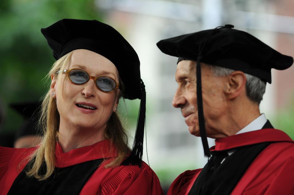 Actress Meryl Streep and former Supreme Court justice David H. Souter '61 prepare for the 359th Commencement in Tercentenary Theatre.  Both Streep and Souter received honorary degrees during morning exercises on May 27, 2010.