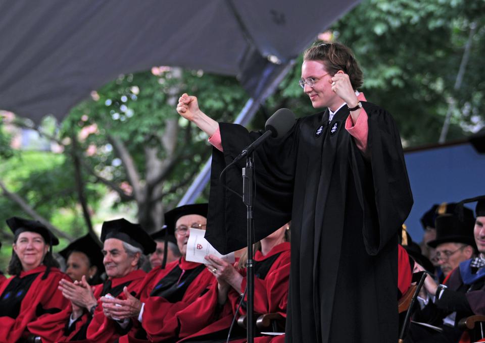 Mary Anne Marks '10 concludes her presentation of the Latin Salutatory, entitled "Cor Harvardianum, Cor Nostrum (The Heart of Harvard, Our Heart)."