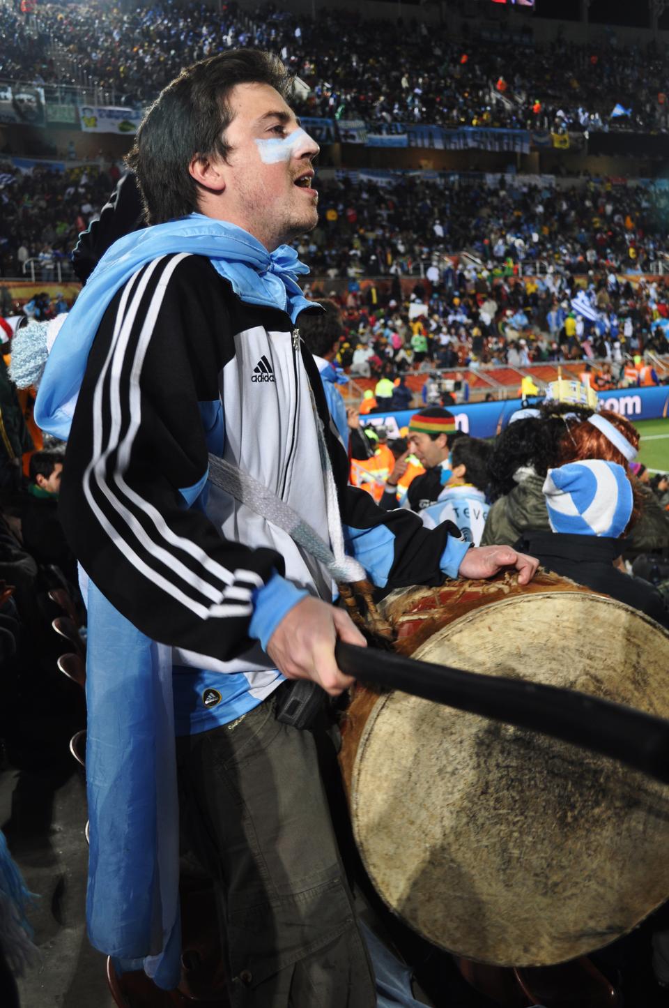 Fans packing the stands of the Peter Mokaba Stadium in Polokwane, South Africa cheer for their national teams during a match between Argentina and Greece on June 22nd. 