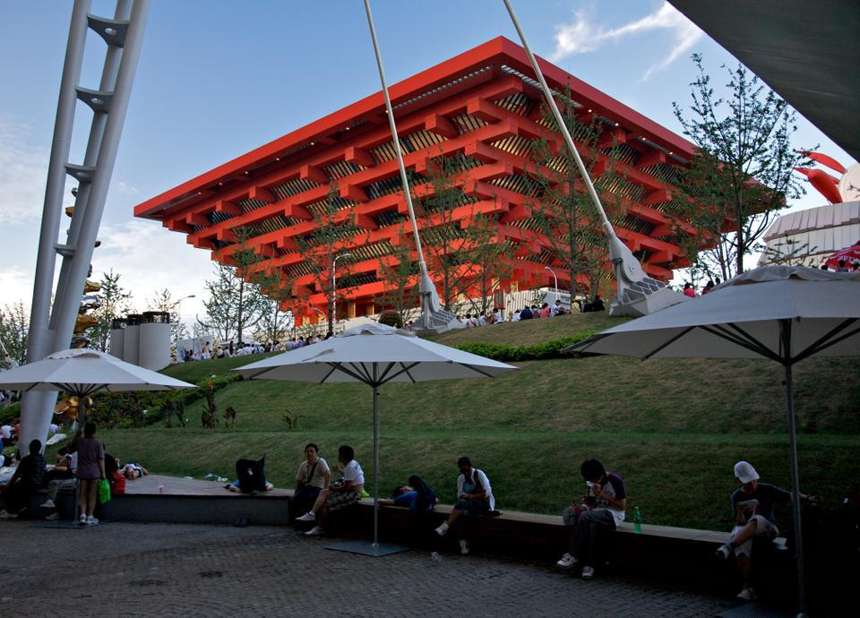 The breath-taking China Pavilion is a massive, bright red edifice in the shape of a traditional Chinese imperial crown. The line for this pavilion can be hours long on a busy day. Pavilions representing 189 countries are on display at Expo 2010.