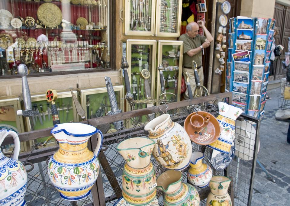 Some of Toledo's most common souvineers are found at a vendor's store just outside Toledo's main cathedral.