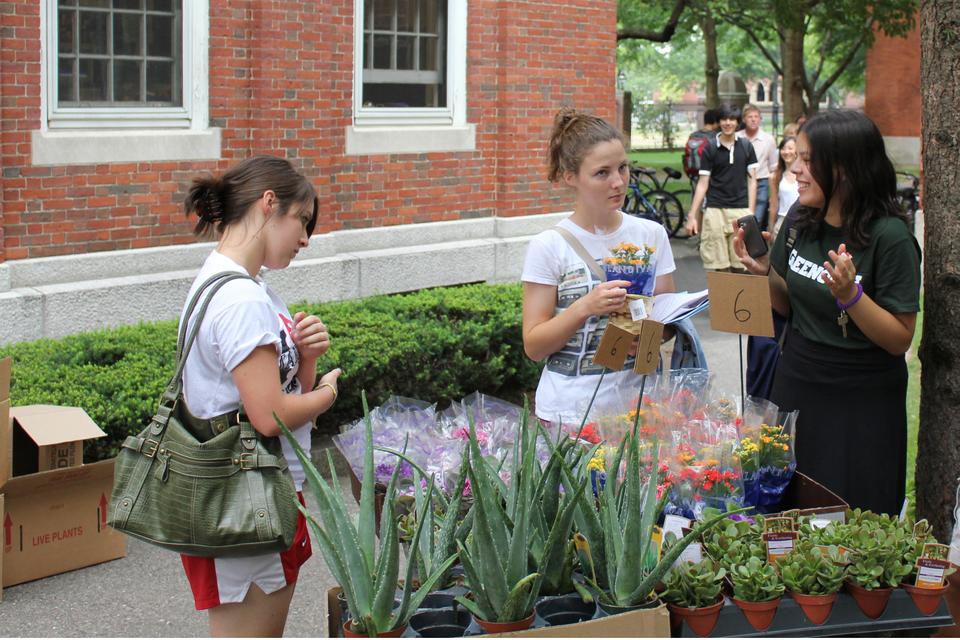 Honor Wilkinson ’14, Mary Hallowell ‘14, and Hayley Cuccinello ‘14 shopped for plants left over from the Phillips Brooks House Association’s plant sale outside of their open house event on Friday afternoon. 