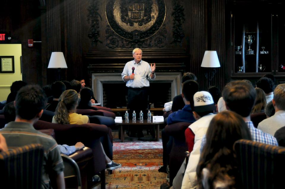Talk show host Chris Matthews speaks in front of more than one hundred students in Kirkland JCR as part of the Conversations with Kirkland series Monday afternoon. He also played Hardball with Jason Q. Berkenfeld '11 (President of the Harvard College Democrats) and Mark A. Isaacson '11 (President of the Harvard College Republicans).