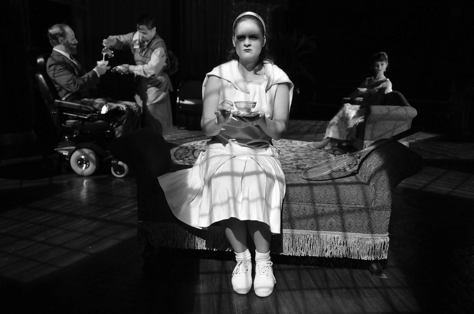 Felicity Cunningham (Anna Waldron) broods in the play-within-the-play that drives “The Real Inspector Hound.”