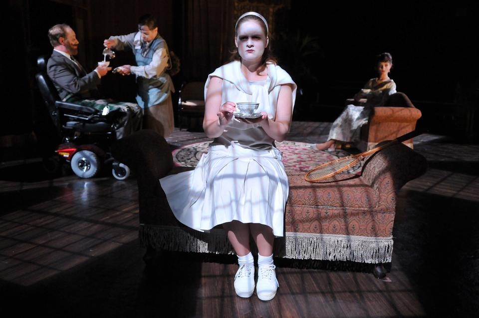 Felicity Cunningham (Anna Waldron) broods in the play-within-the-play that drives “The Real Inspector Hound.”