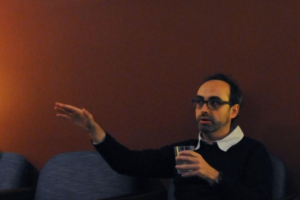Novelist Gary Shteyngart talks about his latest book, "Super Sad True Love Story," in the Currier Senior Common Room yesterday afternoon. Shteyngart discussed a variety of topics, including his formative years as a writer and his sources of inspiration in the creation of his characters.