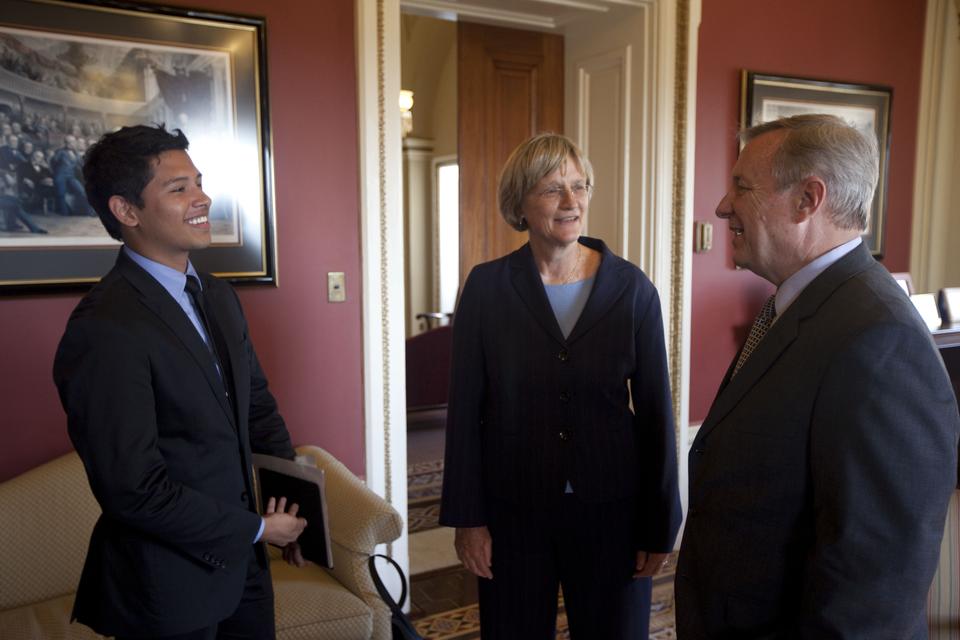 Then-Harvard sophomore Eric Balderas, University President Drew Faust, and Sen. Richard Durbin discuss the DREAM Act at the U.S. Capitol in 2010.