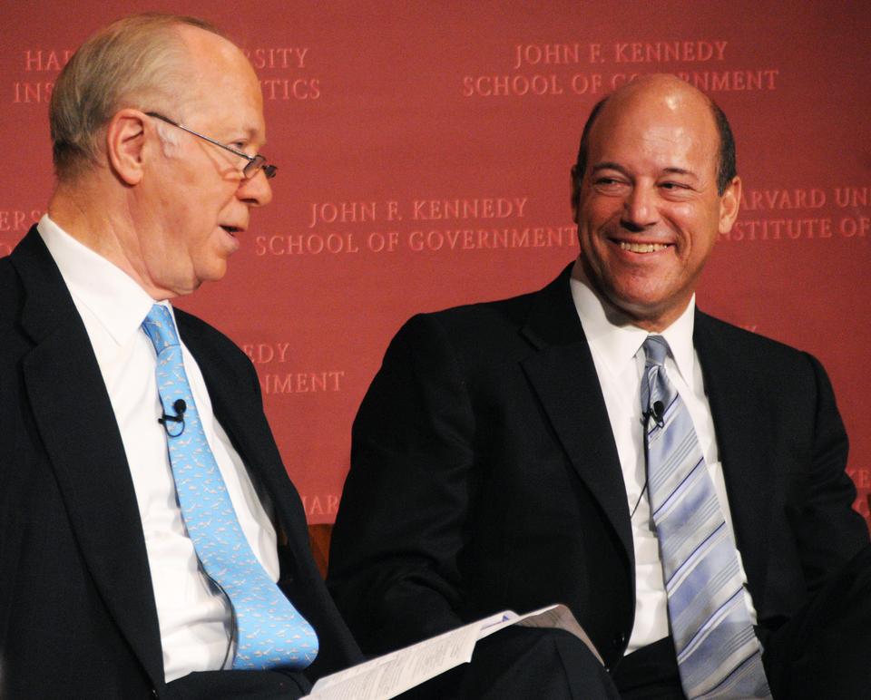 Former White House press secretary Ari Fleischer, right, shares with David Gergen, left, and the audience at the JFK Jr. Forum that he grew up the child of two liberal democrats, who hoped that being a republican would be just a phase for him.