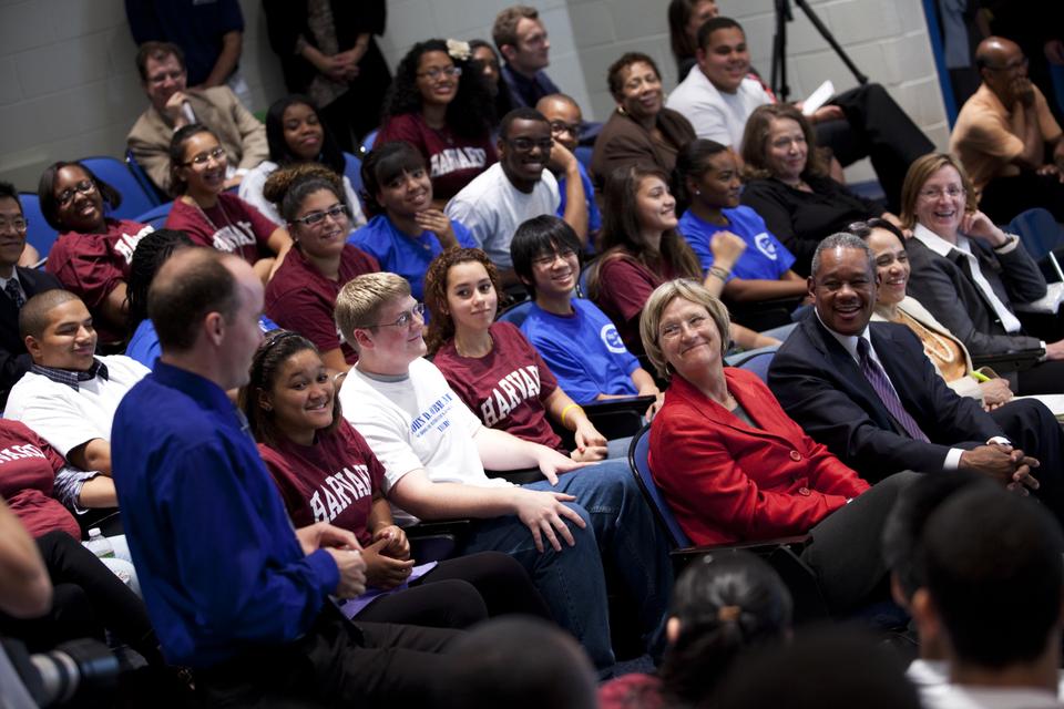 O’ Bryant school geometry teacher Jim Munsey, standing, teaches a mini class to an audience of students, Harvard President Drew G. Faust,  and Boston Public Schools Superintendent Carol R. Johnson yesterday.