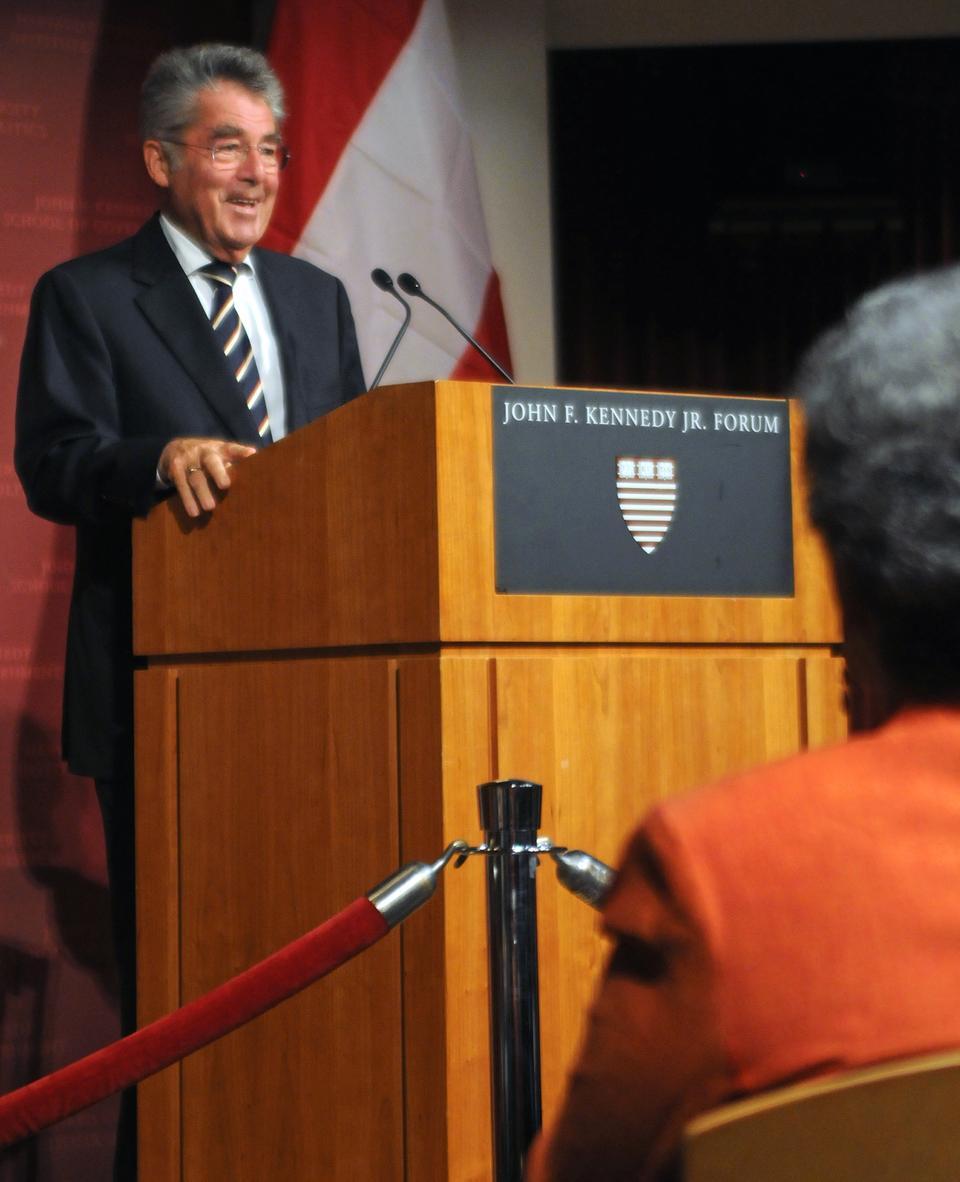 H.E. Heinz Fischer, president of Austria, discusses the importance of learning from history in his address at the JFK Jr. Forum yesterday. 
