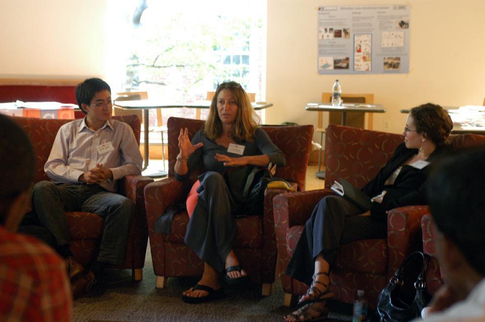 Elena Rosen, co-founder of Just Think and the National Association for Media Literacy Education, leads a focus group on Knowledge, Media, and Social Innovation at the Igniting Innovation Summit on Social Entrepreneurship in Bolyston Hall last Saturday.