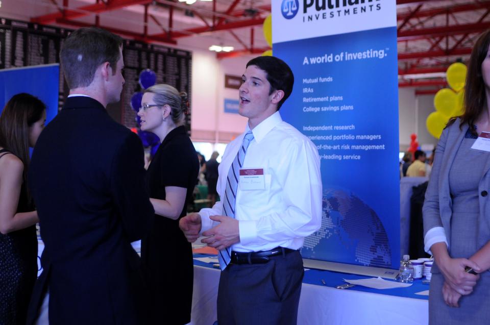 A student speaks with a representative from Putnam at the Office of Career Services Career Forum and International Experience Fair last Friday, September 26, 2010.