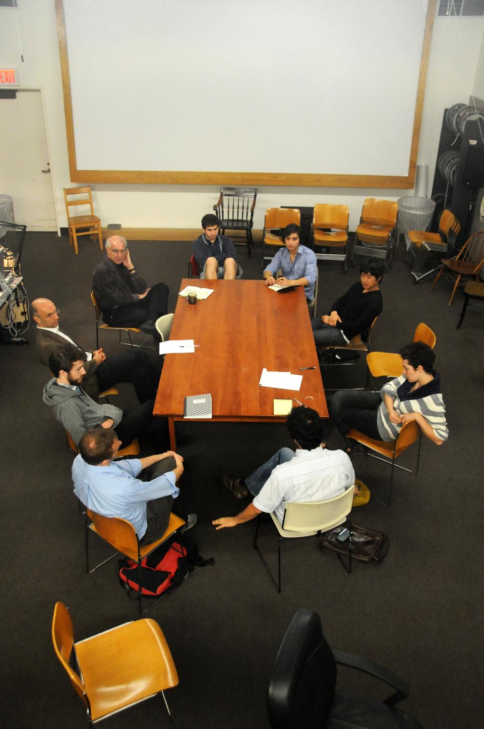 Students and instructors gather to discuss their various creative perspectives in VES 157t.