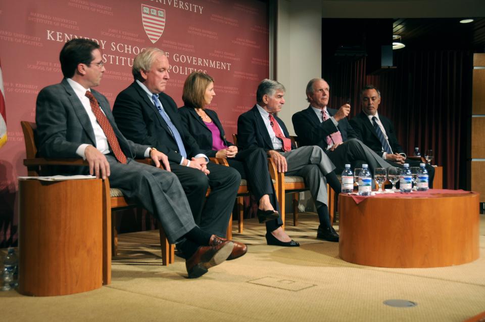 From left to right: Carl Cannon (moderator), Mike McCurry, Nicolle Wallace, Michael Dukakis, Charles Gibson, Andrew Rasiej. Gathering at the JFK Jr. Forum last night, these political figureheads discuss presidential debates and the role they play in presidential campaigns. These panelists keep the audience chuckling by recounting memories of their early political careers.