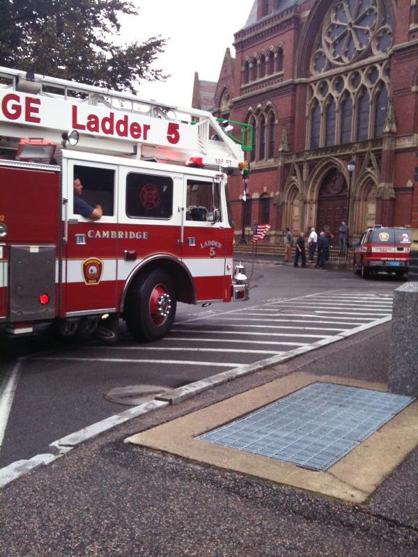 A firetruck pulls up to back entrance of Memorial Hall yesterday responding to a fire alarm that went off.