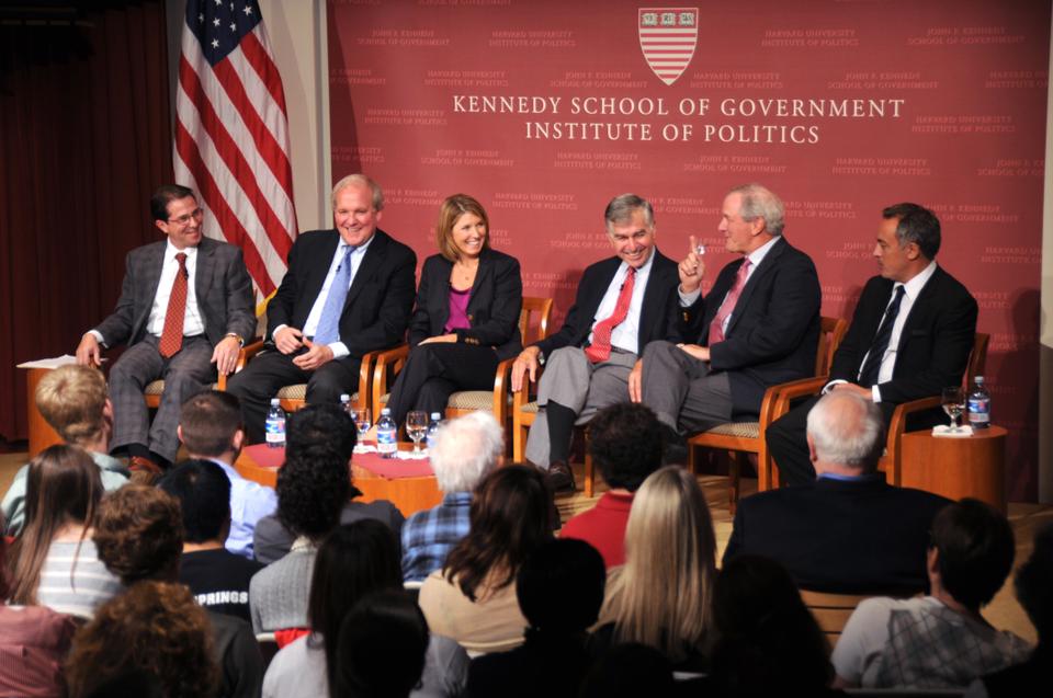 From left to right: Carl Cannon (moderator), Mike McCurry, Nicolle Wallace, Michael Dukakis, Charles Gibson, Andrew Rasiej. Gathering at the JFK Jr. Forum last night, these political figureheads discuss presidential debates and the role they play in presidential campaigns. These panelists keep the audience chuckling by recounting memories of their early political careers.