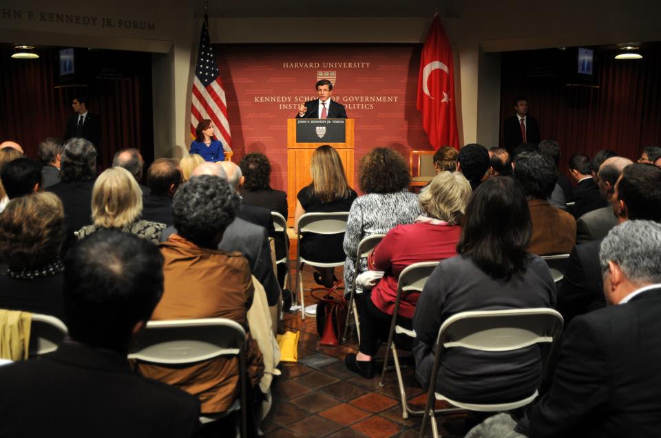 Prime Minister of Turkey, H.E. Dr. Ahmet Davutoglu addresses the audience during an IOP forum last night. Davutoglu spoke on Turkey's efforts with Armenia, Kazakhstan, and other neighboring states and addressed questions from the audience. 