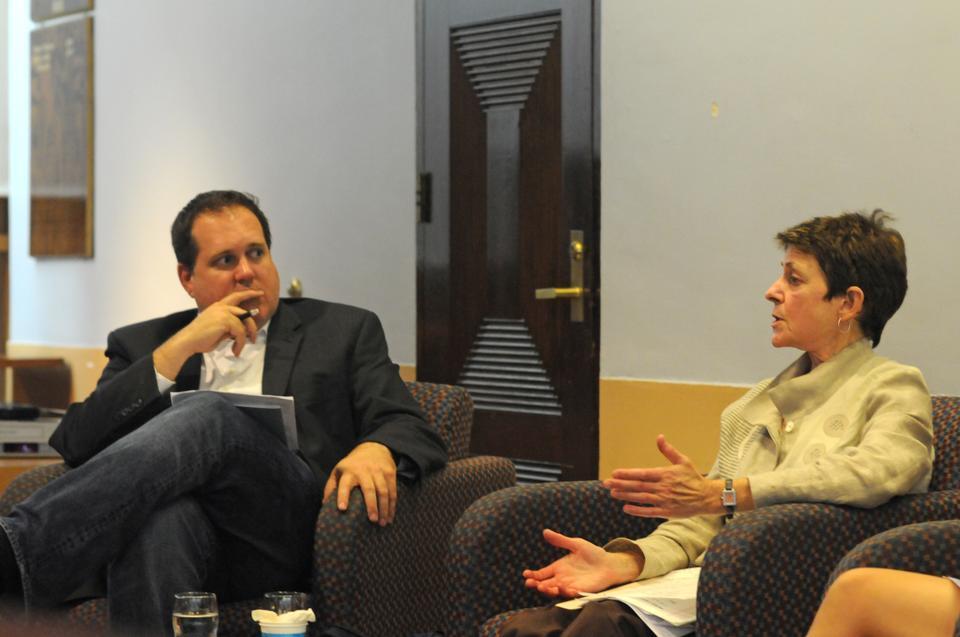 Over desert from Finale, Professor Nancy Cott spoke to students in the Quincy Junior Common Room last night about her experience in California's Proposition 8 trials. Cott, the Jonathan Trumbull Professor of Human History and Director of the Schlesinger Library at Harvard, testified on marriage in the Perry v. Schwarzenegger case. Moderated by the Radcliffe Union of Students and Tim McCarthy of the Carr Center for Human Rights Policy, the conversation was part of the RUS Dessert Discussions.