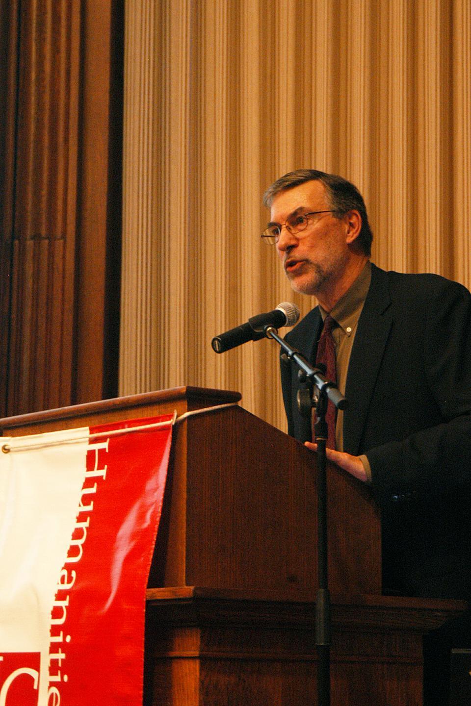 President and Director of the National Humanities Center Geoffrey Harpham explains "How America Invented the Humanities" at the Barker Center last night. His lecture was sponsored by the The Humanities Center at Harvard and Radcliffe Institute for Advanced Study.