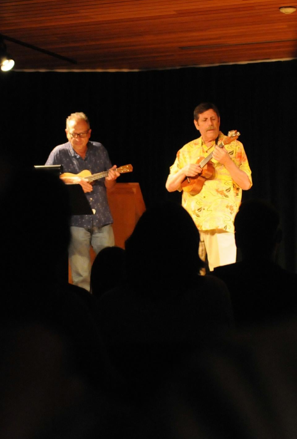 Davis Sweet and John Hicks play Hawaiian favorites at the Ukulele Top Ten Countdown Concert on Saturday evening at the Cambridge Center for Adult Education.