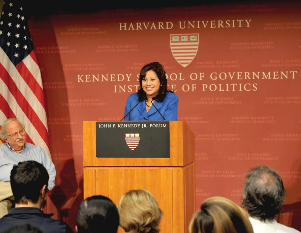 Secretary of Labor Hilda Solis speaks about the changes that have been implemented at the Department of Labor at the Institute of Politics last Friday.