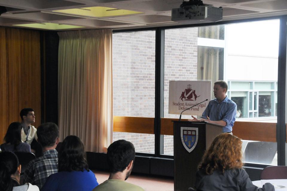 David Wolfson answers students' questions during a talk on factory farming and animal welfare organized by the Student Animal Legal Defense Fund.