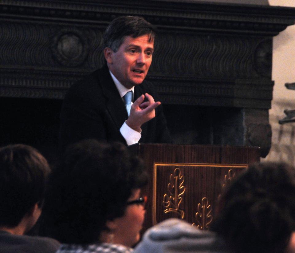 Sean Faircloth, former Majority Whip of the Maine State Legislature, speaks yesterday afternoon in the Adams LCR about the importance of secularism in American politics. He is currently the Executive Director of the Secular Coalition for America and is advocating for fairness and equality in the midst of the upcoming elections. (CORRECTION: An earlier version of this caption incorrectly called Sean Faircloth the Majority Whip of the Maine State Legislature, instead of the former Majority Whip. The caption has been revised to reflect the error.)