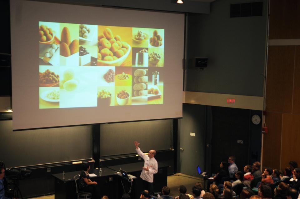 Enric Rovira speaks about his chocolate creations at the Science and Cooking Public lecture in Science Center D.