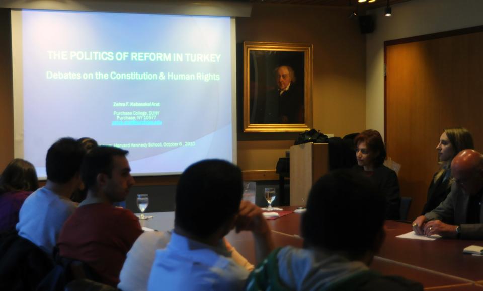 SUNY Political Science Professor Zehra F. Kabasakal Arat speaks on “The Politics of Reform in Turkey: Debates on the Constitution and Human Rights” at the Harvard Kennedy School yesterday.