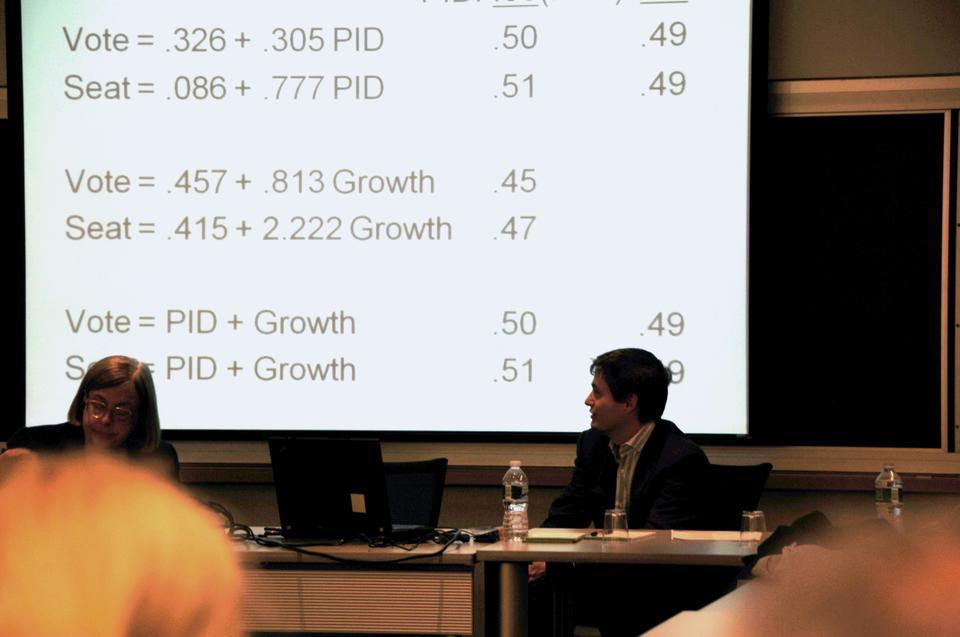 Stephen Ansolabehere, a political science professor at Harvard, discusses prospects for the Democratic party in the upcoming election with fellow experts at the Elections 2010 Discussion event held at CGIS, Friday afternoon (left to right: Theda Skocpol, Harvard University, Stephen Ansolabehere, Harvard University, not pictured speakers: Thomas Edsall, Columbia University, Morris Fiorina, Stanford University)