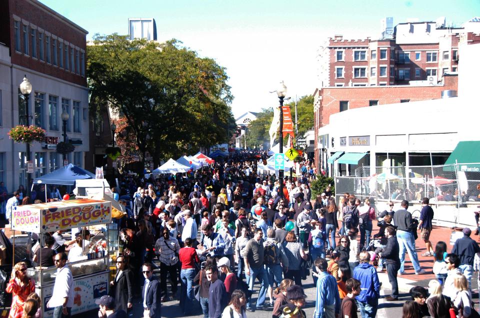 Crowds gather at Harvard Square for Saturday's Oktoberfest celebration