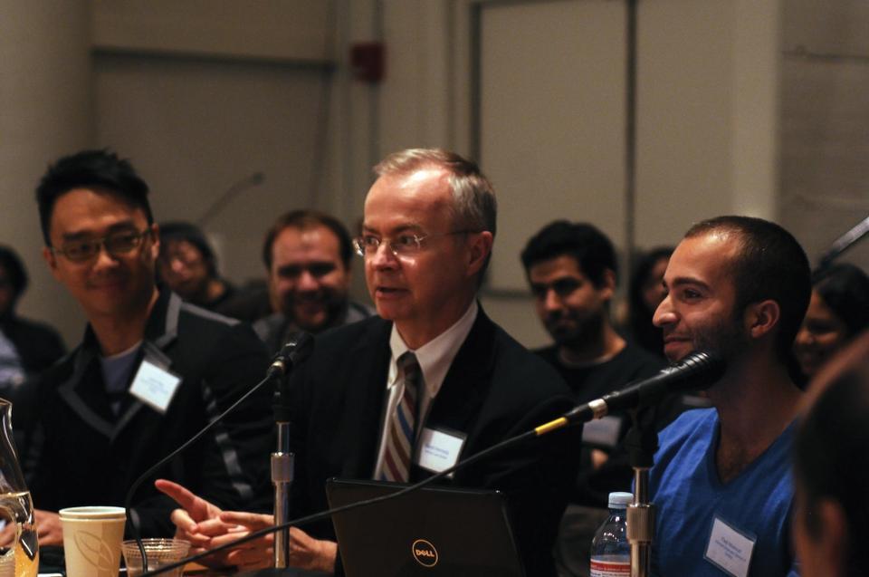 HLS Professor David W. Kennedy discusses the importance of bridging design, law, and politics in a conference with the World Economic Forum at the Graduate School of Design yesterday. 