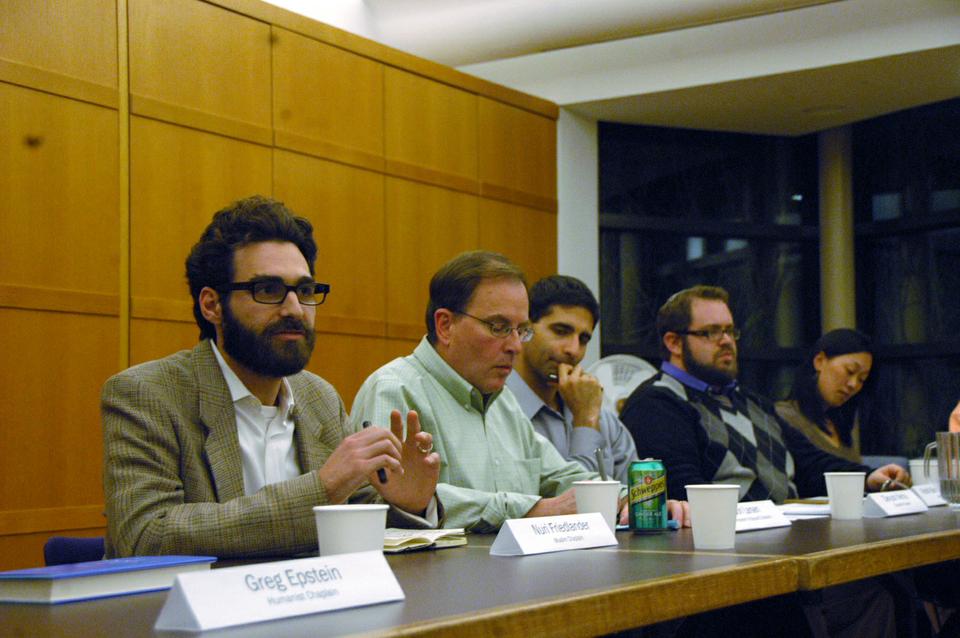 Muslim chaplain Nuri Friedlander speaks during a Faith@Harvard interfaith dialogue featuring the Harvard Chaplains last night at Harvard Hillel. 
