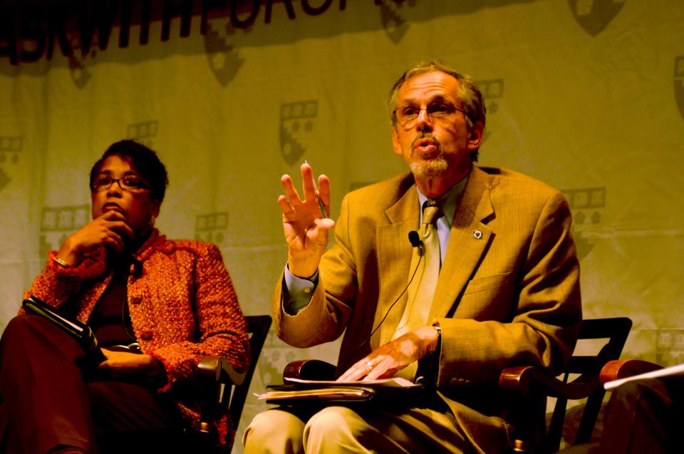 Massachusetts Secretary of Education Paul Reville (right) speaks about the documentary “Waiting for ‘Superman’” and its focus on charter schools as a solution to many of the flaws in the American education system. 