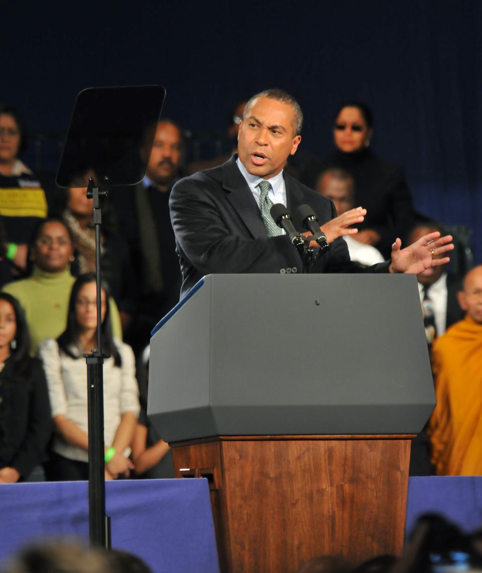 Governor Deval Patrick addresses 
crowds of his supporters during a rally for his re-election at the Hynes 
Convention Center last Saturday.