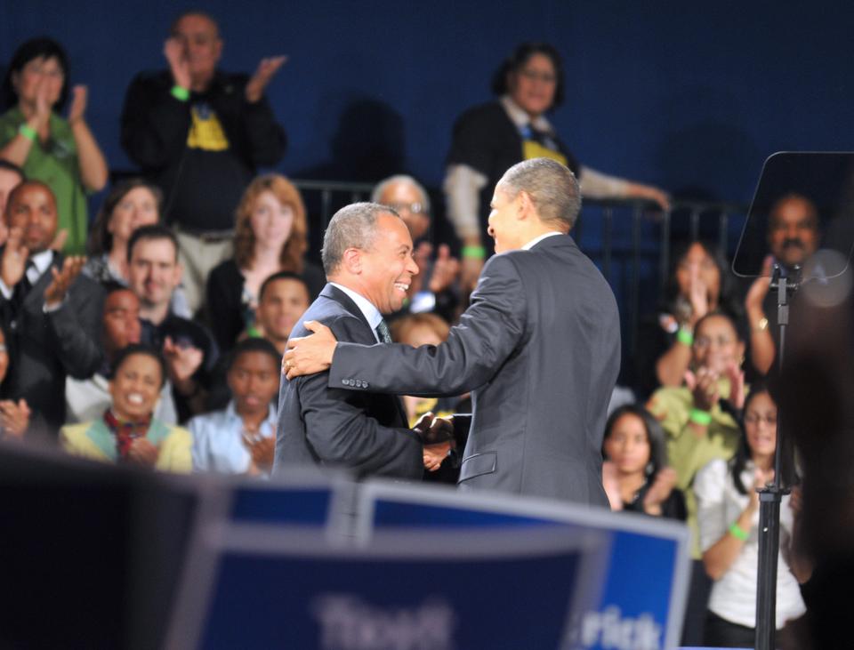 President Barack Obama shakes hands with Governor Deval Patrick during the rally for Patrick’s re-election. last Saturday.   Midterm elections will take place on Nov. 2. 