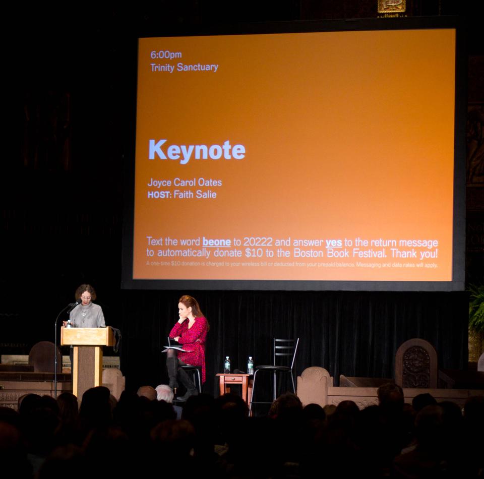 Author Joyce Carol Oates discusses her belief in litearture during the keynote event hosted by TV and radio personality Faith Salie in the Trinity Sanctuary.
