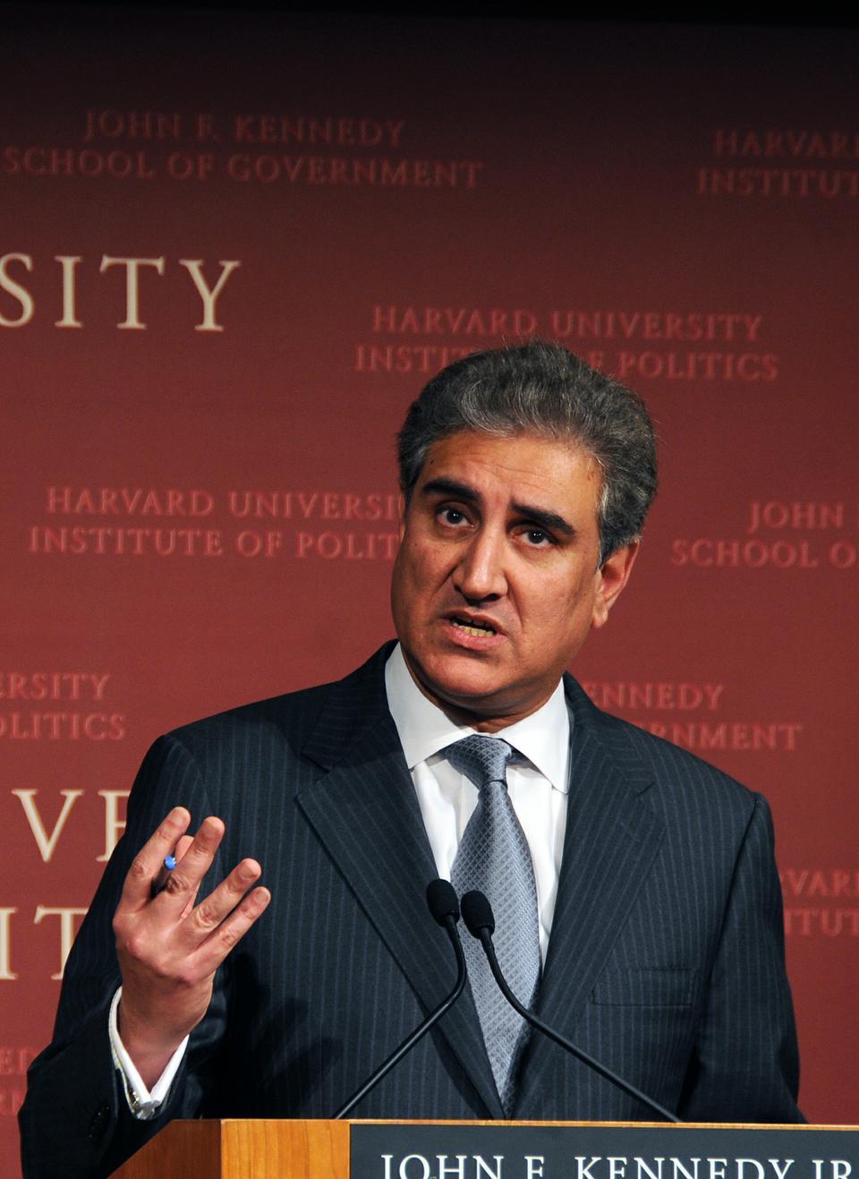 Makhdoom Shah Mahmood Qureshi, foreign minister of Pakistan, speaks about U.S.-Pakistan relations during the Institute of Politics forum.